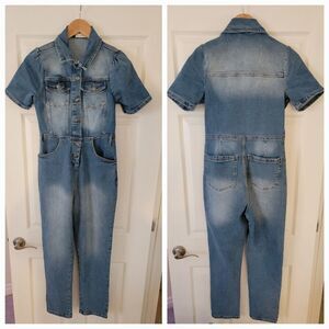 Avec Les Filles Jean Denim Jumpsuit Womens 26 Slim Styraight Stretch Puff Sleeve